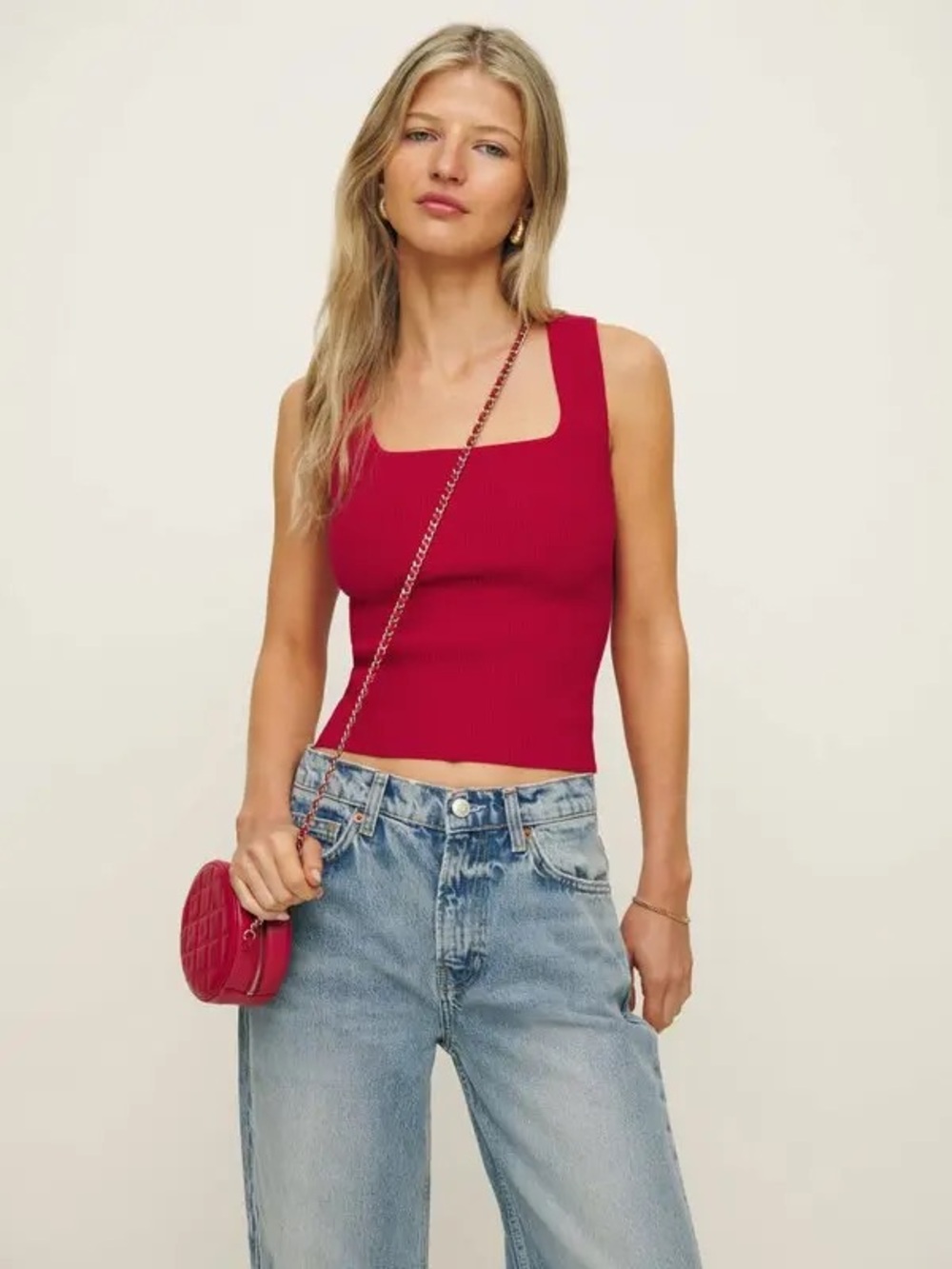 Reformation Ribbed Square-Neck Crop Tank - Red